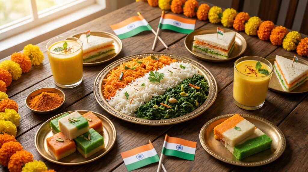 26 जनवरी के जश्न के लिए भारतीय झंडों के साथ सजी हुई मेज पर तिरंगे पुलाव, तिरंगी बर्फी मिठाई, रंगीन सैंडविच और आम की लस्सी सहित गणतंत्र दिवस विशेष तिरंगे व्यंजनों की व्यवस्था की गई