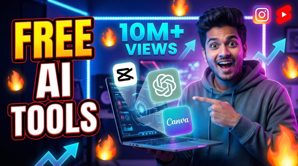 एक उत्साहित युवा कंटेंट क्रिएटर लैपटॉप स्क्रीन की ओर इशारा कर रहा है, जिसके चारों ओर CapCut, ChatGPT और Canva जैसे AI टूल के लोगो तैर ​​रहे हैं, साथ ही 10 मिलियन व्यूज़ दिखाने वाले वायरल इंडिकेटर, YouTube Shorts और Instagram Reels के आइकन, और रंगीन नियॉन बैकग्राउंड पर बोल्ड टेक्स्ट में 'फ्री AI टूल्स' लिखा हुआ है, यह सब 16:9 रेशियो वाले थंबनेल फॉर्मेट में है।
