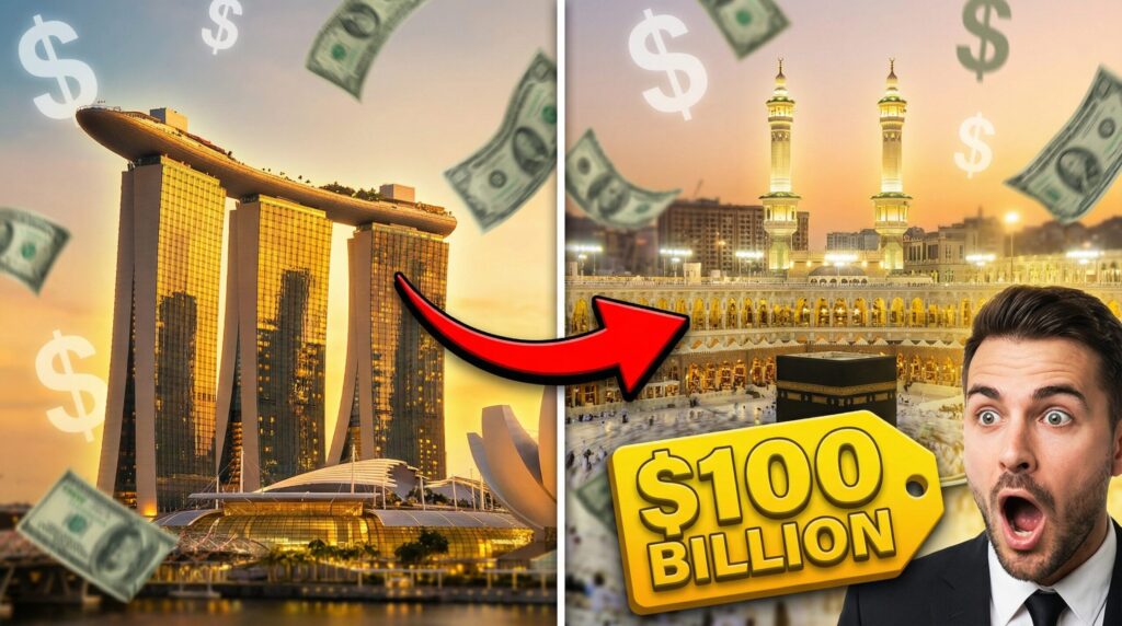 स्प्लिट स्क्रीन इमेज जिसमें मरीना बे सैंड्स सिंगापुर और मस्जिद अल-हरम मक्का दिख रहे हैं, साथ में उड़ते हुए डॉलर के बिल, $100 बिलियन का प्राइस टैग टेक्स्ट और हैरान बिजनेसमैन का चेहरा दुनिया की सबसे महंगी इमारतों को देखकर हैरानी जता रहा है।