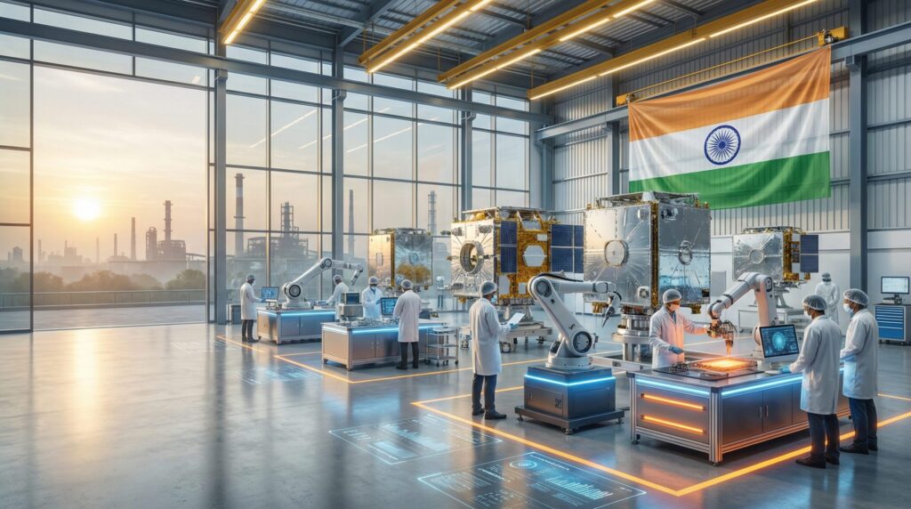गुजरात में भारत की पहली प्राइवेट सैटेलाइट मैन्युफैक्चरिंग फैक्ट्री, जिसमें भारतीय इंजीनियर सैटेलाइट पर काम करते हुए एक मॉडर्न असेंबली लाइन दिखा रहे हैं, बैकग्राउंड में भारतीय झंडा और एक साफ-सुथरे भविष्य जैसे माहौल में हाई-टेक इंडस्ट्रियल उपकरण दिख रहे हैं।