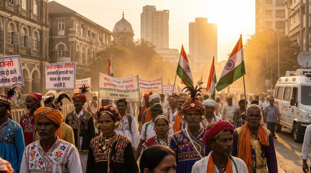 हजारों आदिवासी प्रदर्शनकारी बैनर और झंडे लेकर मुंबई की सड़कों पर मार्च कर रहे हैं और महाराष्ट्र सरकार से अपने अधिकारों की मांग कर रहे हैं। शांतिपूर्ण प्रदर्शन के दौरान शहर के बैकग्राउंड में पारंपरिक आदिवासी पोशाक पहने हुए लोगों की बड़ी भीड़ दिखाई दे रही है।