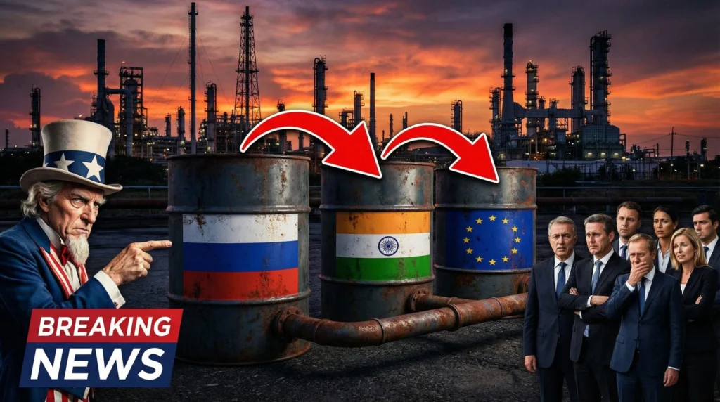 न्यूज़ थंबनेल में रूसी, भारतीय और यूरोपियन यूनियन के झंडों वाले तेल के बैरल दिखाए गए हैं, जो गुप्त तेल व्यापार मार्ग को दर्शाते हैं। अंकल सैम बैकग्राउंड में तेल रिफाइनरी के साथ चिंतित यूरोपीय नेताओं की ओर इशारा कर रहे हैं। टेक्स्ट ओवरले से पता चलता है कि अमेरिका यूरोप द्वारा भारत के ज़रिए रूसी तेल खरीदने का खुलासा कर रहा है। unoday.com न्यूज़ थंबनेल में रूसी, भारतीय और यूरोपियन यूनियन के झंडों वाले तेल के बैरल दिखाए गए हैं, जो गुप्त तेल व्यापार मार्ग को दर्शाते हैं। अंकल सैम बैकग्राउंड में तेल रिफाइनरी के साथ चिंतित यूरोपीय नेताओं की ओर इशारा कर रहे हैं। टेक्स्ट ओवरले से पता चलता है कि अमेरिका यूरोप द्वारा भारत के ज़रिए रूसी तेल खरीदने का खुलासा कर रहा है।