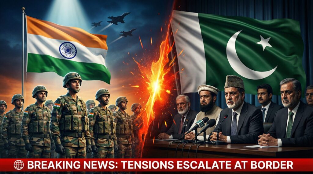 न्यूज़ थंबनेल में ऑपरेशन सिंदूर को लेकर भारत-पाकिस्तान तनाव दिखाया गया है, जिसमें स्प्लिट स्क्रीन पर बाईं ओर भारतीय झंडा और आत्मविश्वास से भरे भारतीय सेना के सैनिक और दाईं ओर पाकिस्तानी झंडा और अधिकारी हैं, जिनके बीच में एक नाटकीय धमाके का ग्राफिक है और बैकग्राउंड में मिलिट्री जेट हैं, और नीचे ब्रेकिंग न्यूज़ बैनर है जो पाकिस्तान के दावों को भारत द्वारा जोरदार तरीके से खारिज करने को दिखाता है।
