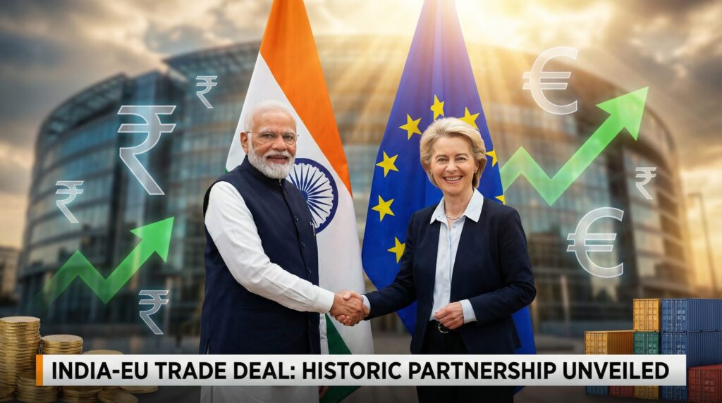 थंबनेल में भारत और EU के झंडों के सामने भारतीय और यूरोपीय नेता हाथ मिलाते हुए दिख रहे हैं, साथ में सुनहरी रोशनी की किरणें, करेंसी के सिंबल, ऊपर की ओर बढ़ते ग्रोथ वाले तीर, सोने के सिक्के और शिपिंग कंटेनर हैं, जो भारत और यूरोप के बीच ऐतिहासिक अरबों डॉलर की ट्रेड डील को दिखाते हैं। unoday.com थंबनेल में भारत और EU के झंडों के सामने भारतीय और यूरोपीय नेता हाथ मिलाते हुए दिख रहे हैं, साथ में सुनहरी रोशनी की किरणें, करेंसी के सिंबल, ऊपर की ओर बढ़ते ग्रोथ वाले तीर, सोने के सिक्के और शिपिंग कंटेनर हैं, जो भारत और यूरोप के बीच ऐतिहासिक अरबों डॉलर की ट्रेड डील को दिखाते हैं।