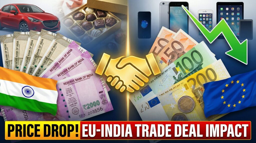 थंबनेल में नए भारत-ईयू फ्री ट्रेड एग्रीमेंट को दिखाने वाले करेंसी सिंबल के साथ भारत और यूरोपियन यूनियन के झंडे दिख रहे हैं। इमेज में ट्रेड डील पार्टनरशिप को दिखाने वाला हैंडशेक आइकन है। हरा नीचे की ओर तीर 2026 से इंपोर्टेड यूरोपियन प्रोडक्ट्स की कीमतों में गिरावट को दिखाता है। बैकग्राउंड में शॉपिंग आइटम के साथ स्प्लिट स्क्रीन डिज़ाइन।