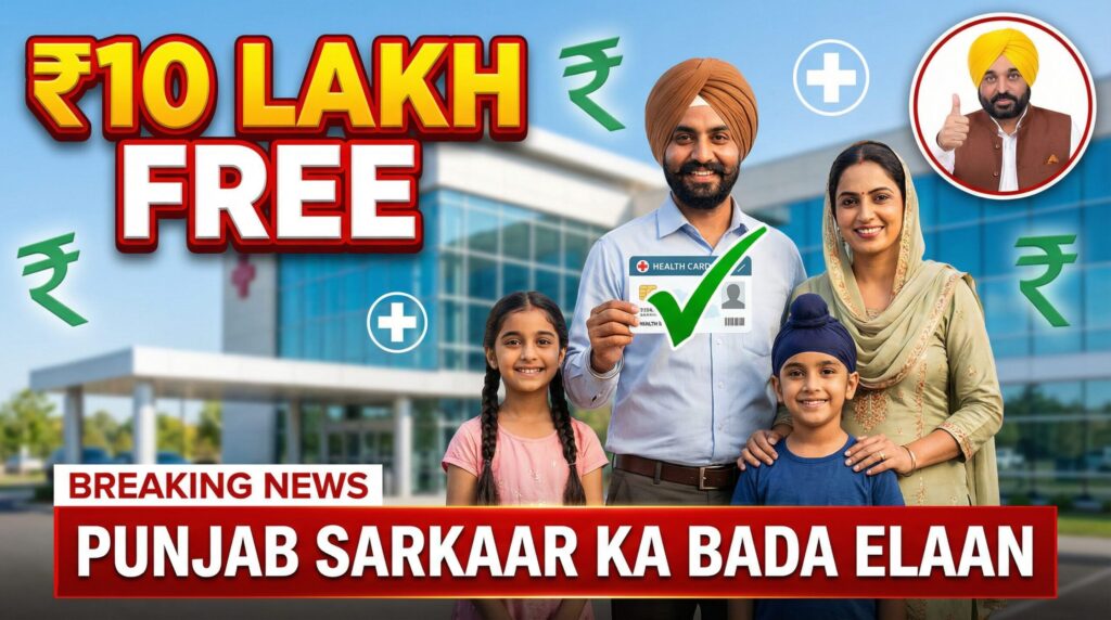 पंजाब फ्री हेल्थ इंश्योरेंस स्कीम का थंबनेल जिसमें एक खुश भारतीय परिवार हेल्थ कार्ड के साथ अस्पताल के बाहर दिख रहा है, जिसमें ₹10 लाख फ्री टेक्स्ट ओवरले और पंजाब के CM भगवंत मान की फोटो के साथ ब्रेकिंग न्यूज़ बैनर है जो सरकारी हेल्थकेयर घोषणा के बारे में बता रहा है।