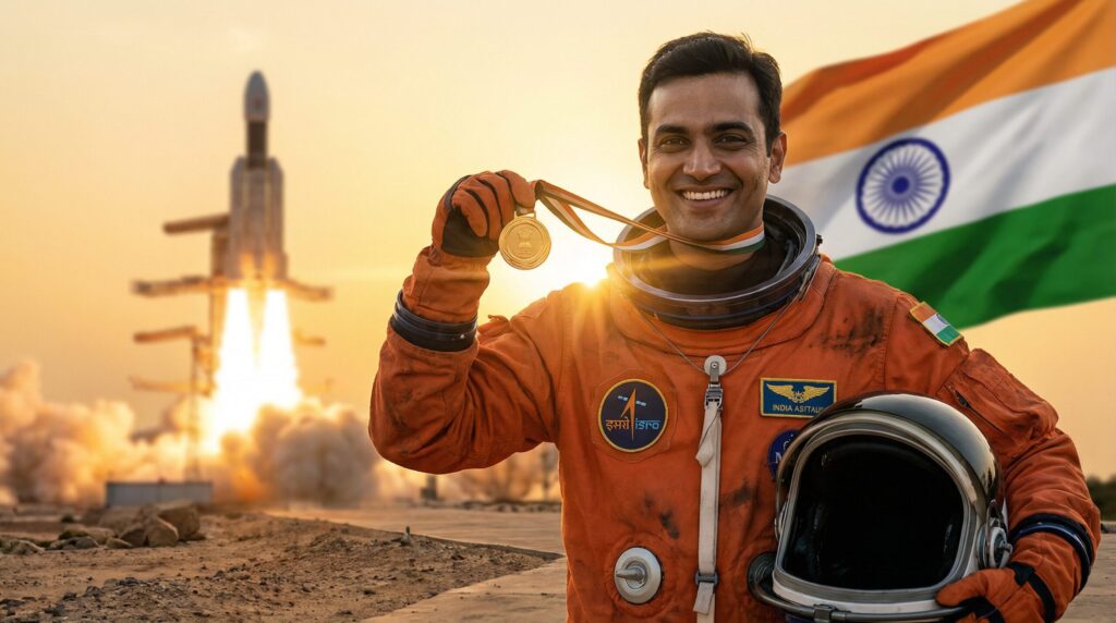 भारतीय अंतरिक्ष यात्री नारंगी ISRO स्पेससूट पहने हुए, गर्व से सुनहरा वीरता पदक पकड़े हुए है, बैकग्राउंड में भारतीय झंडा और रॉकेट लॉन्च दिख रहा है, जो गगनयान मिशन की उपलब्धि और राष्ट्रीय गौरव के पल को दर्शाता है। unoday.com भारतीय अंतरिक्ष यात्री नारंगी ISRO स्पेससूट पहने हुए, गर्व से सुनहरा वीरता पदक पकड़े हुए है, बैकग्राउंड में भारतीय झंडा और रॉकेट लॉन्च दिख रहा है, जो गगनयान मिशन की उपलब्धि और राष्ट्रीय गौरव के पल को दर्शाता है।