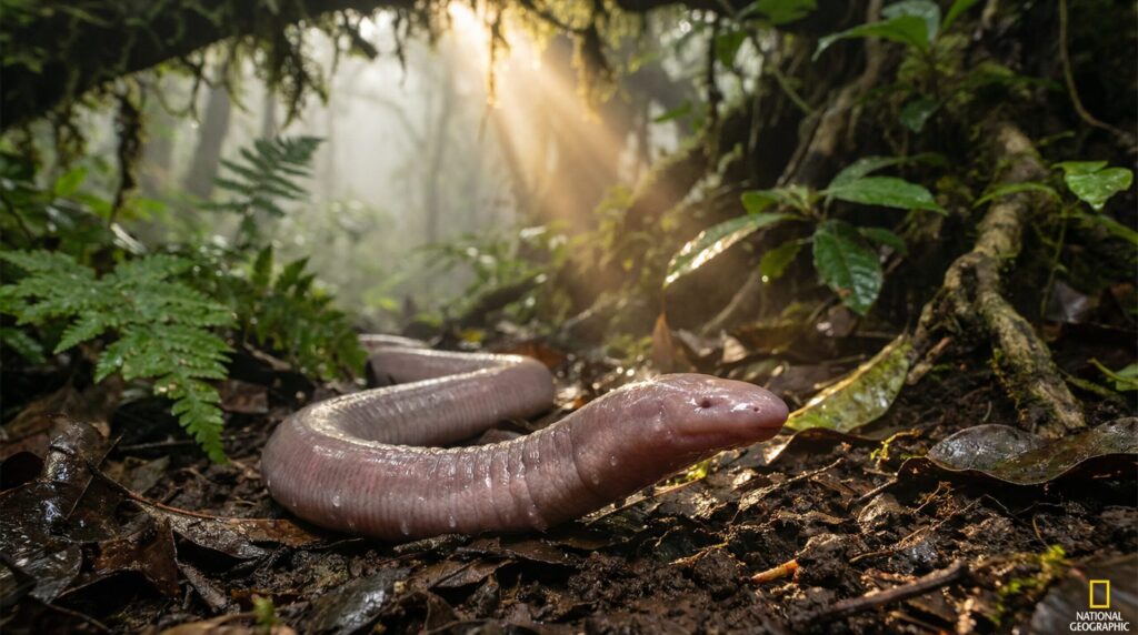 महाराष्ट्र के पश्चिमी घाट के जंगल में खोजी गई अंधी सीसिलियन प्रजाति का नाम भगवान राम के नाम पर रखा गया है, जिसमें अंधेरे भूमिगत मिट्टी के माहौल में दिव्य सुनहरी रोशनी की किरणों के साथ बिना आंखों वाला उभयचर जीव दिखाया गया है, जो वैज्ञानिकों द्वारा दुर्लभ भारतीय वन्यजीव खोज को दर्शाता है।