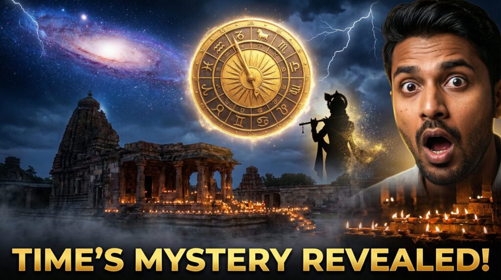 कॉस्मिक ब्रह्मांड का बैकग्राउंड जिसमें प्राचीन हिंदू समय चक्र की अवधारणा दिखाई गई है, जिसमें काली युग को दर्शाने वाला चमकता हुआ रहस्यमयी पहिया है, जिसमें मंदिर का सिल्हूट और गहरे बैंगनी आसमान से निकलती दिव्य सुनहरी रोशनी की किरणें हैं, जो हिंदू पौराणिक कथाओं में अंधकार युग की शुरुआत का प्रतीक है।