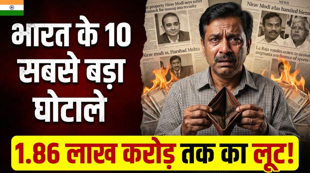 थंबनेल में एक हैरान भारतीय आदमी दिख रहा है जिसके पास से पैसे उड़ रहे हैं, बैकग्राउंड में रुपये के नोट और हथकड़ियां हैं, और लाल-काले ड्रामैटिक डिज़ाइन पर बोल्ड सफ़ेद रंग में टेक्स्ट लिखा है '₹1.86 लाख करोड़ का सबसे बड़ा घोटाला! टॉप 10 स्कैम्स एक्सपोज़्ड', यह भारत के सबसे बड़े घोटालों पर YouTube वीडियो के लिए है।