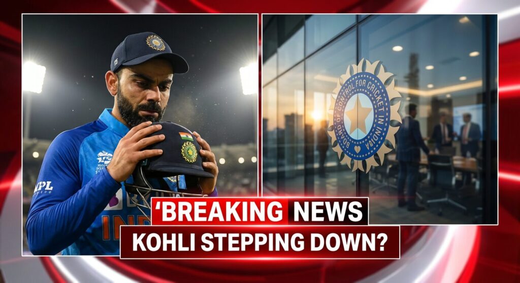 विराट कोहली इंडियन टेस्ट क्रिकेट जर्सी में गंभीर दिख रहे हैं, जिसमें रिटायरमेंट पर क्रॉस लगा है और कमबैक टेक्स्ट लिखा है, BCCI की रिक्वेस्ट की खबर, हैरान फैन्स का रिएक्शन, क्रिकेट ब्रेकिंग न्यूज़ थंबनेल