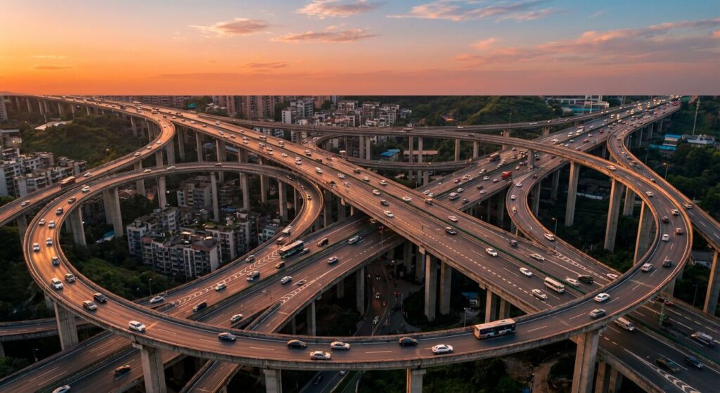 चीन में सूर्यास्त के समय कॉम्प्लेक्स मल्टी-लेवल हुआंगजुएवान इंटरचेंज का एरियल फोटो-रियलिस्टिक नज़ारा, जिसमें घुमावदार हाईवे रैंप और भारी ट्रैफिक दिख रहा है, जो धरती पर सबसे क्रेज़ी रोड इंटरचेंज में से एक है।