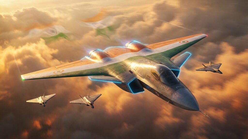 सूर्यास्त के दौरान उड़ान भरते भविष्य की छठी पीढ़ी के भारतीय वायु सेना के लड़ाकू जेट की फोटोरिअलिस्टिक छवि, जिसमें स्टील्थ डिज़ाइन, मॉर्फिंग पंख और उन्नत तकनीक शामिल है, जो भारत की अगली पीढ़ी की वायुशक्ति महत्वाकांक्षाओं का प्रतीक है।