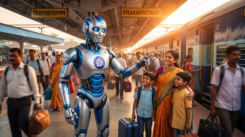 विशाखापत्तनम रेलवे स्टेशन पर भारतीय रेलवे द्वारा तैनात भारत के पहले ह्यूमनॉइड रोबोट एएससी अर्जुन की फोटोरियलिस्टिक छवि, पृष्ठभूमि में ट्रेनों के साथ एक व्यस्त प्लेटफॉर्म पर यात्रियों की सहायता करते हुए, सार्वजनिक परिवहन में भविष्य की तकनीक का प्रदर्शन करती है।