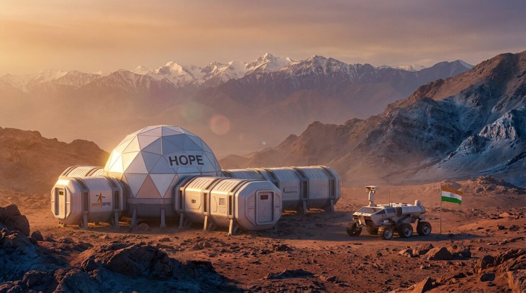 लद्दाख की त्सो कार घाटी में ISRO के HOPE हिमालयन आउटपोस्ट फॉर प्लेनेटरी एक्सप्लोरेशन स्टेशन की फोटोरियलिस्टिक इमेज, जिसमें ऊँचाई वाले रेगिस्तानी इलाके में मॉड्यूलर आवासों के साथ चंद्रमा और मंगल की स्थितियों को सिम्युलेट किया गया है, साथ में भारतीय झंडा, रोवर और सूर्यास्त के समय हिमालय के पहाड़ दिख रहे हैं, जो भविष्य के मिशनों के लिए भारत के पहले स्पेस एनालॉग टेस्ट बेस को दिखाता है।