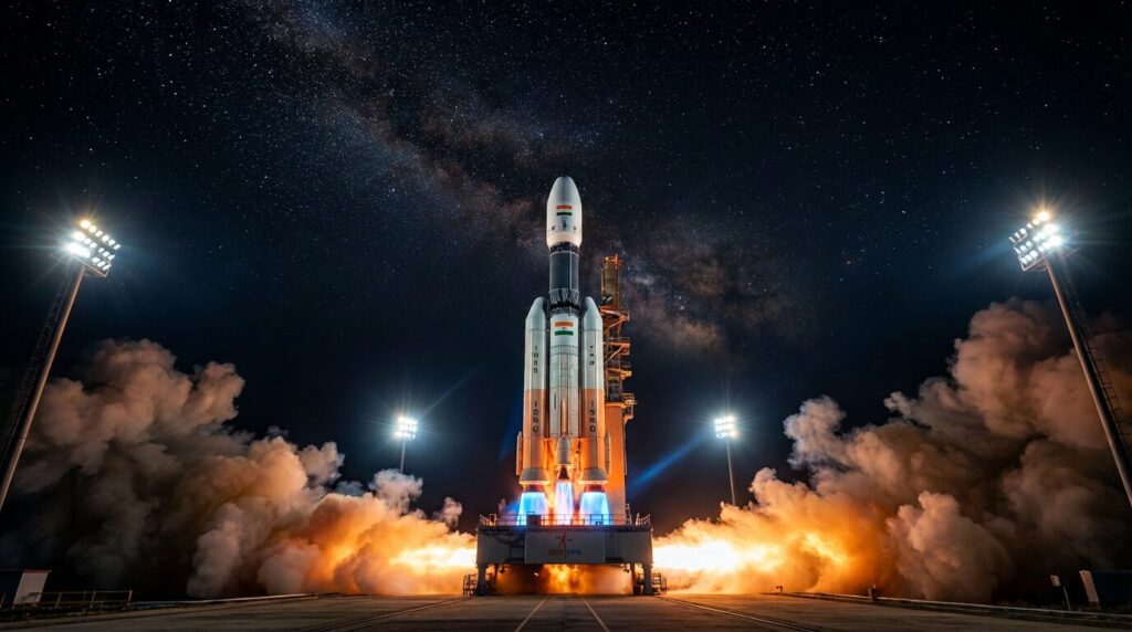 ISRO के LVM3 रॉकेट का फोटोरियलिस्टिक नाटकीय रात का लॉन्च सीन, जिसमें शक्तिशाली नारंगी इंजन की लपटें और धुआं है, रॉकेट पर भारतीय तिरंगा है, आसमान में रूसी और भारतीय झंडे हैं, जो भारत के भविष्य के चंद्रमा और मानव अंतरिक्ष मिशन के लिए पेलोड को 7 टन तक बढ़ाने के लिए रूस द्वारा 100% RD-191M सेमी-क्रायोजेनिक इंजन टेक्नोलॉजी ट्रांसफर का प्रतीक है।