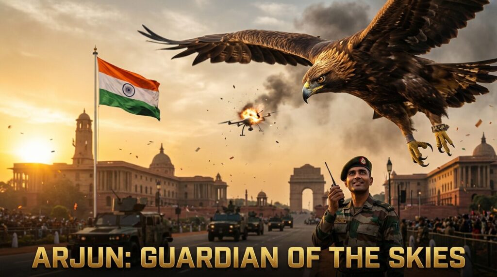 नई दिल्ली में गणतंत्र दिवस 2026 की परेड के दौरान नाटकीय कार्रवाई में एक ड्रोन पर हमला करते हुए, भारतीय सेना के राजसी प्रशिक्षित ईगल अर्जुन ने ऊंची उड़ान भरी, पृष्ठभूमि में भारतीय ध्वज और सैनिकों के साथ, जो अभिनव ड्रोन विरोधी निगरानी क्षमताओं का प्रतीक है।