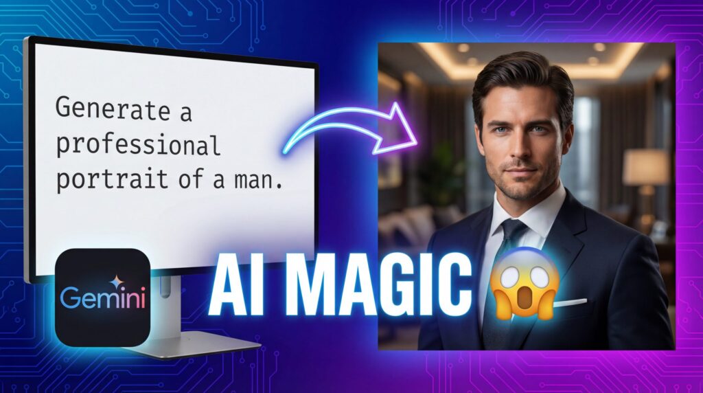 Google Gemini AI थंबनेल जिसमें टेक्स्ट प्रॉम्प्ट को प्रोफेशनल लाइटिंग और ब्लू टेक बैकग्राउंड के साथ हाइपर-रियलिस्टिक 4K मेल पोर्ट्रेट में बदलने का पहले और बाद का कम्पेरिजन दिखाया गया है, जिसमें YouTube डिस्कवरी के लिए 16:9 आस्पेक्ट रेश्यो में AI मैजिक टेक्स्ट ओवरले है। unoday.com Google Gemini AI थंबनेल जिसमें टेक्स्ट प्रॉम्प्ट को प्रोफेशनल लाइटिंग और ब्लू टेक बैकग्राउंड के साथ हाइपर-रियलिस्टिक 4K मेल पोर्ट्रेट में बदलने का पहले और बाद का कम्पेरिजन दिखाया गया है, जिसमें YouTube डिस्कवरी के लिए 16:9 आस्पेक्ट रेश्यो में AI मैजिक टेक्स्ट ओवरले है।