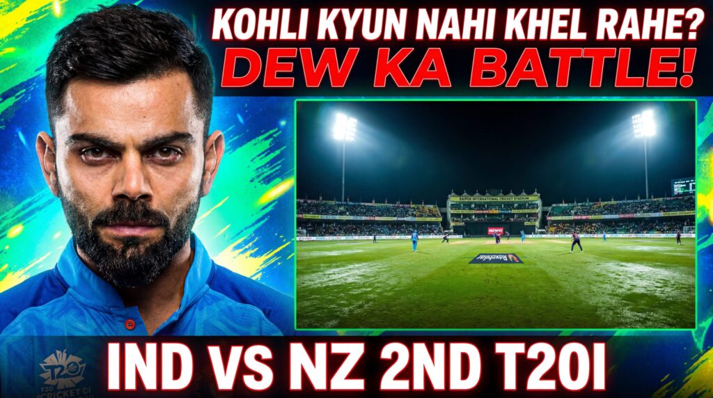 विराट कोहली का क्लोज-अप, बाईं ओर इंटेंस लुक, रायपुर स्टेडियम में रात का T20 क्रिकेट मैच, घास पर ओस और दाईं ओर खिलाड़ी, टेक्स्ट ओवरले: कोहली क्यों नहीं खेल रहे? ओस का बैटल! IND vs NZ दूसरा T20I unoday.com विराट कोहली का क्लोज-अप, बाईं ओर इंटेंस लुक, रायपुर स्टेडियम में रात का T20 क्रिकेट मैच, घास पर ओस और दाईं ओर खिलाड़ी, टेक्स्ट ओवरले: कोहली क्यों नहीं खेल रहे? ओस का बैटल! IND vs NZ दूसरा T20I