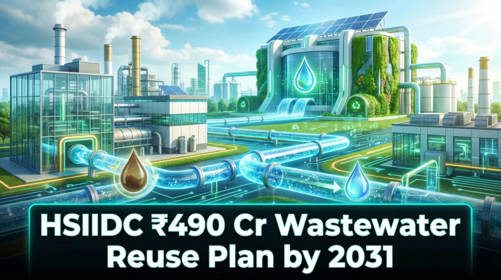 थंबनेल इमेज में IMT मानेसर में सस्टेनेबल वेस्टवॉटर रीसाइक्लिंग दिखाई गई है: साफ रीसायकल किया हुआ पानी इंडस्ट्रियल यूनिट्स को पाइपलाइन से सप्लाई किया जा रहा है, ग्रीन एलिमेंट्स वाला मॉडर्न ट्रीटमेंट प्लांट, जो हरियाणा में 2031 तक पानी के दोबारा इस्तेमाल के लिए HSIIDC की ₹490 करोड़ की योजना को दिखाता है।