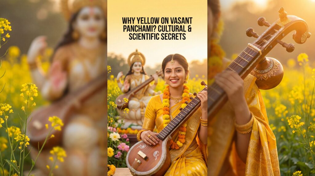 खूबसूरत भारतीय महिला चमकीली पीली साड़ी में देवी सरस्वती के साथ वसंत पंचमी मना रही है, बैकग्राउंड में पीले फूल और सरसों के खेत हैं, जो इस त्योहार पर पीला रंग पहनने के सांस्कृतिक और वैज्ञानिक महत्व को दर्शाते हैं।