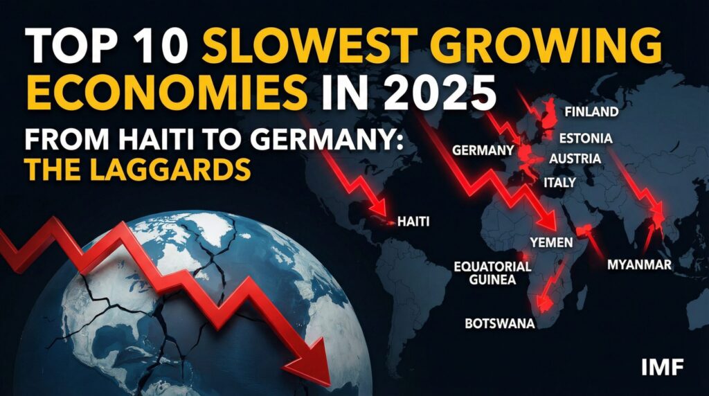 थंबनेल में एक गहरा वर्ल्ड मैप दिख रहा है, जिसमें साउथ सूडान, वेनेजुएला और इराक जैसे देशों पर लाल नीचे की ओर तीर के निशान हैं, जो 2025 में सबसे धीमी गति से बढ़ने वाली टॉप 10 अर्थव्यवस्थाओं को दिखा रहे हैं। बोल्ड टेक्स्ट: टॉप 10 सबसे धीमी अर्थव्यवस्थाएं 2025। बैकग्राउंड में गिरते हुए ग्राफ़ और टूटे हुए पैसे के सिंबल हैं जो आर्थिक संकट का संकेत दे रहे हैं।
