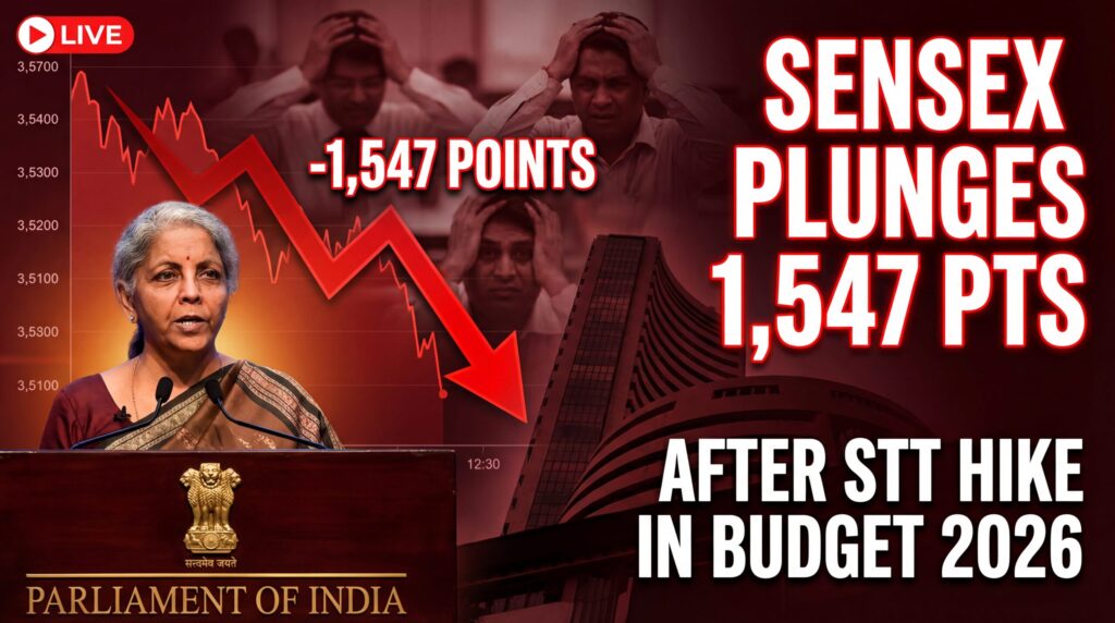 ऊपर की लाइन (बड़ी, बोल्ड): सेंसेक्स में भारी गिरावट
बीच की लाइन (थोड़ी छोटी): 1,547 अंक
नीचे की लाइन (अर्जेंट लाल): बजट 2026 में STT बढ़ोतरी के बाद